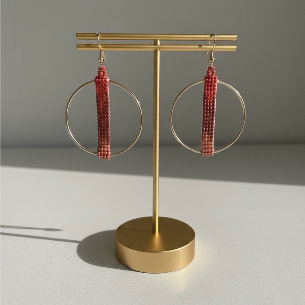Elegant Gold and Red Beaded Hoop Earrings